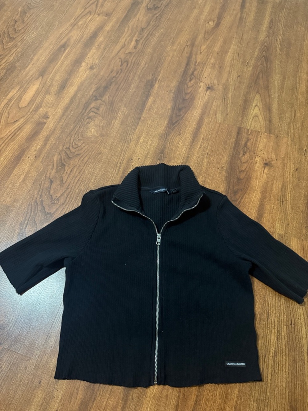 Calvin Klein Jeans Black Ribbed Zip-Up Short Sleeve Top
